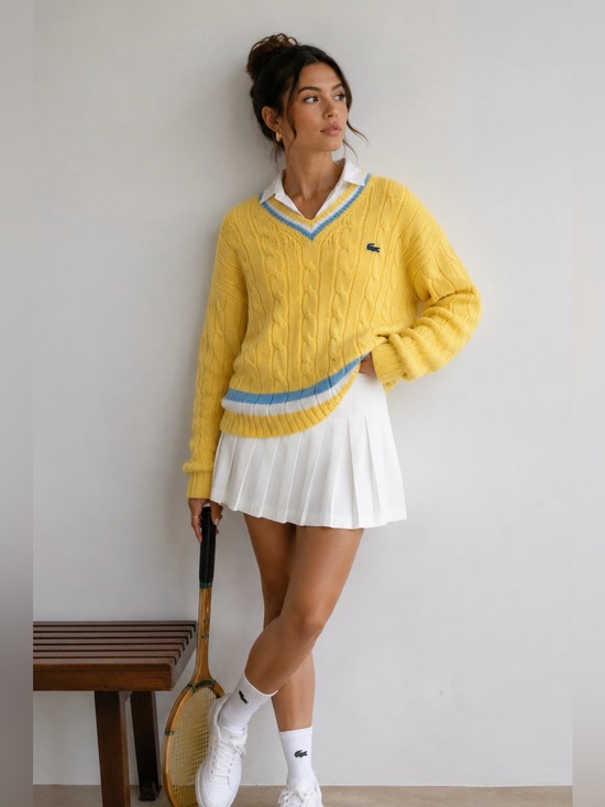 Lacoste Sweaters - Vintage 60s Lacoste Tennis Sweater Izod Yellow Cable Knit Blue Alligator